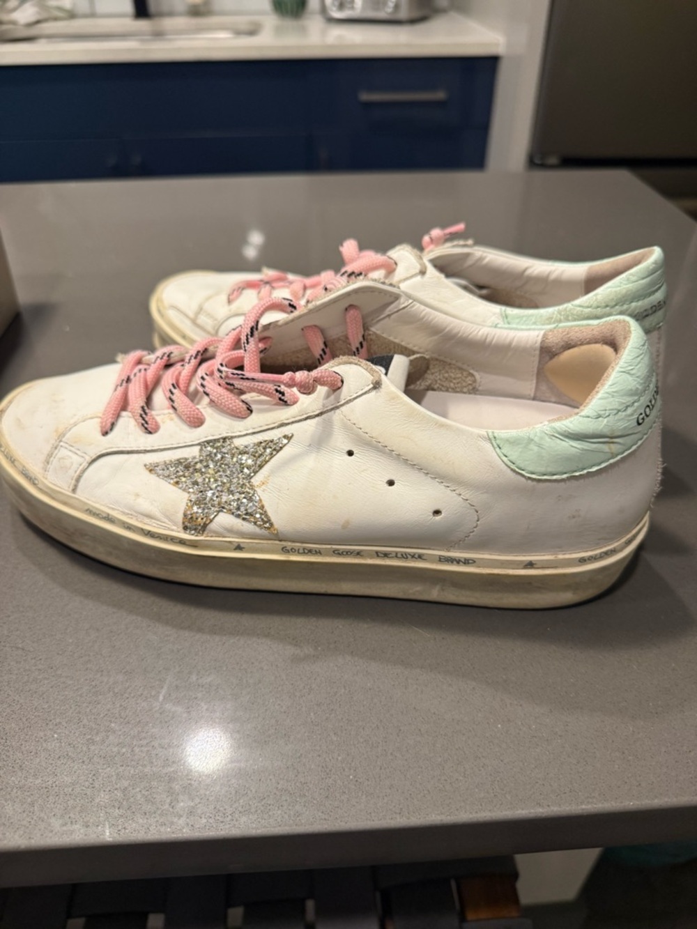 Golden Goose White Leather Sneakers with Mint Heel, Pink Laces & Glitter Star